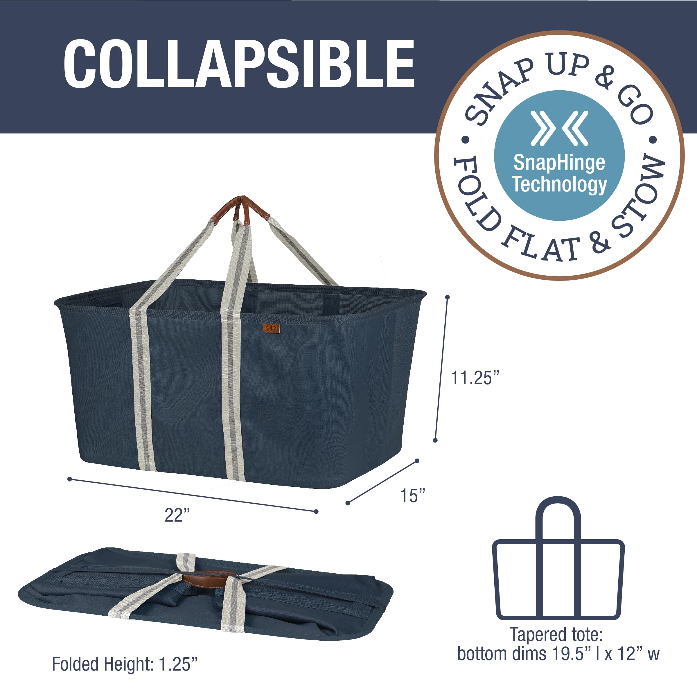 Clevermade Collapsible Laundry Tote Luxe, Navy Noir/Cream 2Pk - 50L (13 Gal) Collapsible Laundry Baskets With Sturdy Pop-Up Wire